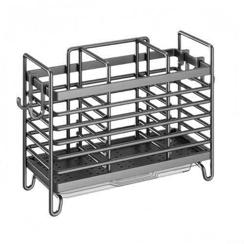 Wandmontierter Utensilienhalter und Abtropfgestell für Küchentheke, 2/3 Fächer, Karbonstahl, Besteck-Organizer mit herausnehmbarem Tablett für Gabeln, Löffel, Essstäbchen (3 Fächer) von Ableholy
