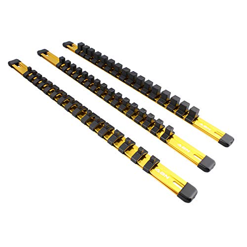 ABN Gelbe Aluminium SAE Steckschlüssel-Halterschiene 3-teiliges Set - 1/4 Zoll, 3/8 Zoll, 1/2 Zoll Werkzeug-Steckschlüssel-Organizer-Schienen mit Clips von Abn