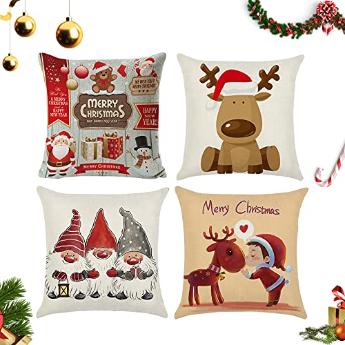 Abnaok 4 Stück Kissenbezug Weihnachten 45x45 cm, Weihnachtskissenbezug Rot, Kissenbezug Set, Sofakissen Hirsch, Kissenbezüge Frohe Weihnachten (C) von Abnaok