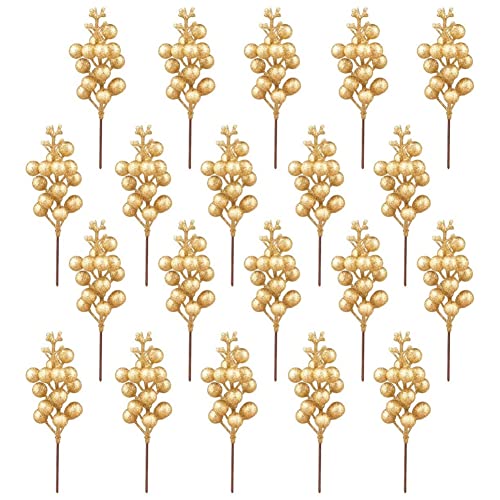 Aboiled 20 StüCk KüNstliche Beerenstiele, 7,5 Weihnachtliche Glitzerbeerenstiele, KüNstliche Weihnachtspicks für Weihnachtsbaum (Gold) von Aboiled