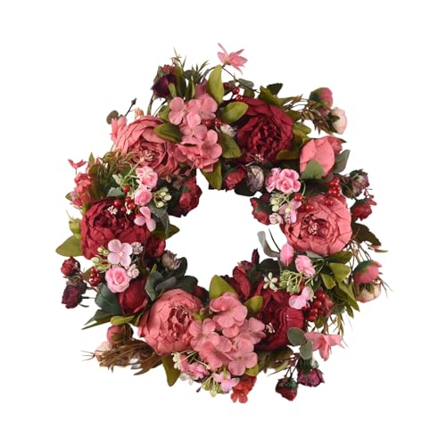 Aboiled Dekorativer TüR Kranz, Seidenblume Pfingstrose Kopf Blumen Kranz 40Cm Handgemachte Girlande für Herbst Winter Aussen Display Rot von Aboiled