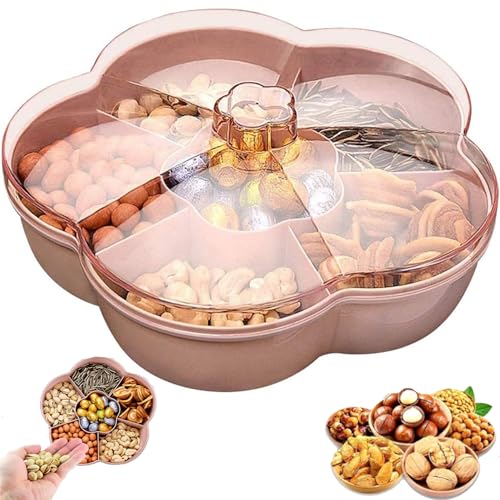 Aboiledy Snackteller, 6 Fächer Snack Tablett Snackbox mit Deckel, Snack Serviertablett Süssigkeiten Aufbewahrungsbox, Blumenform Snack Bowls Bonbon Schale für Nüsse Getrocknete Früchte Süßigkeiten Kek von Aboiledy