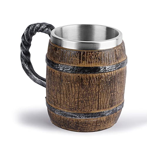 Abonda Holzbecher,450 ml handgefertigte Retro-Tasse für Männer | Mittelalterlicher Edelstahl-Cup-Simulations-Holzstil-Trinkgefäß-Bierkrug-Krug-Kapazität für Bar-Restaurant-Dekor von Abonda