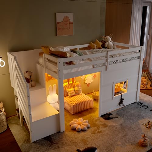 Abosbeet Kinderbett Hochbett 90x200 mit Stauraumtreppe Jugendhochbett mit LED und Lattenrost, ohne Matratze, Weiß von Abosbeet