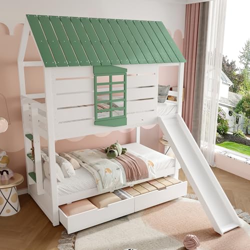 Kinderbett Etagenbett 90×200 mit 2 Stauraum Schubladen, Hochbett Doppelbett Stockbett mit Rutsche für 2 Kinder, Holzbett mit Rausfallschutz und Lattenrost, Ohne Matratze, Weiß+Grün von Abosbeet