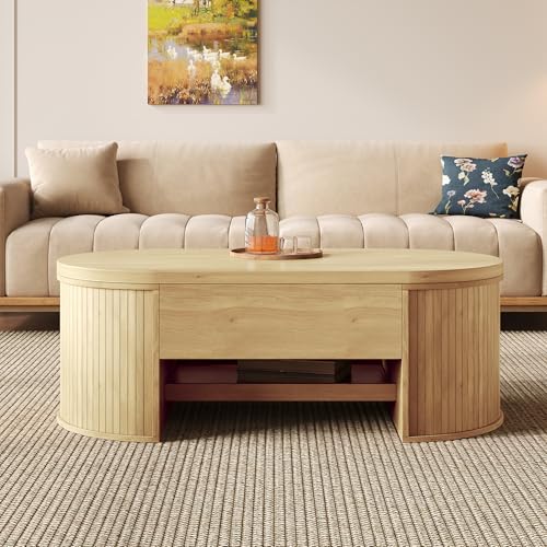 Ovaler Couchtisch mit Hebeplatte, Wohnzimmertisch mit verstecktem Ablagefach, Rund Beistelltisch mit Stauraum für Home Office von Abosbeet