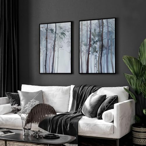 2er Set Wandbilder Blauer Wald Wandbehang Große Wandkunstdrucke Landschaft Wandbilder Drucke für Flur Weiß Rahmen 50x76cm von About Wall Art