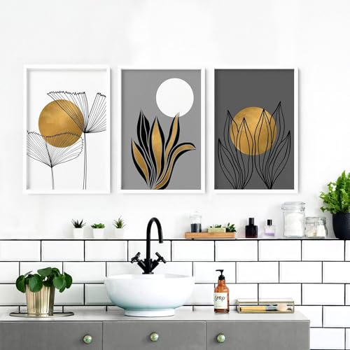 3 Stück Botanische Wandbilder für Badezimmer WC Deko Rahmen A2 42x59cm Weiß von About Wall Art