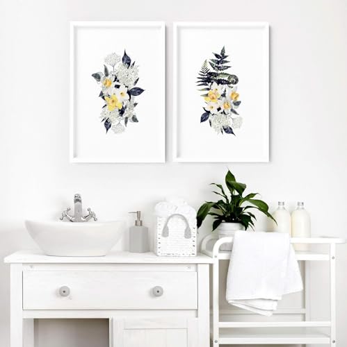 Badezimmer Bauernhaus Wandkunst Botanische Wandbilder Wandbehänge Floral Toilette Spa Dekor 2er Set WC Wandkunst Eichenrahmen A2 42 x 59 cm von About Wall Art