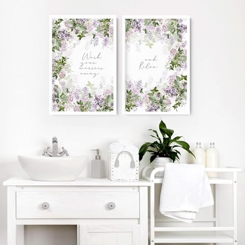 Badezimmer Bauernhaus Wandkunstdrucke Lila Shabby Chic Wandbilder Floral WC Wandbehang 2er Set WC Wandkunst Eichenrahmen A2 42 x 59 cm von About Wall Art