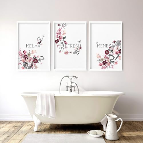 Badezimmer Wandkunst, 3er Set Rosa Shabby Chic Wandbilder Blumen Wandbehänge Spa Dekor WC Wandkunst WC Dekor ungerahmt 50 x 76 cm von About Wall Art