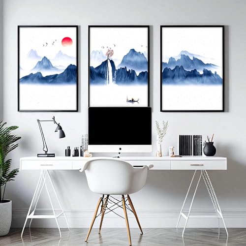 Blaue japanische Landschaft, 3er-Set große Wandkunstdrucke, asiatische Wandbilder, riesiger Japandi-Wandbehang, Eichenrahmen, A2, 42 x 59 cm Blaue japanische Landschaft, 3er-Set große Wandkunstdrucke, asiatische Wandbilder, riesiger Japandi-Wandbehang, Eichenrahmen, A2, 42 x 59 cm von About Wall Art
