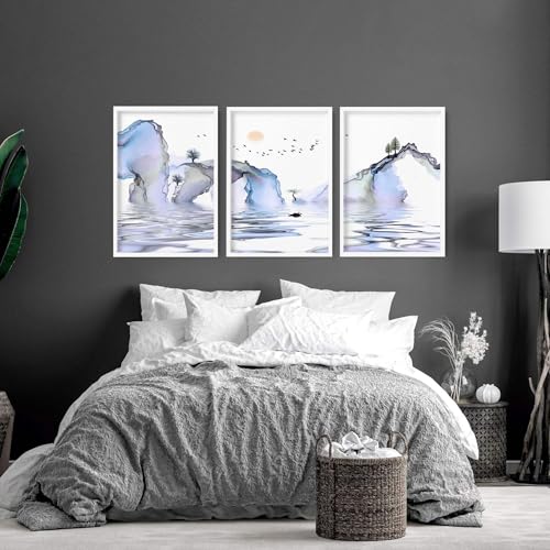 Blaues Japandi Wanddekor-Set mit 3 großen Wandkunst für Schlafzimmer Dekor, Wandbilder, riesige Wandbehänge, Raumdekoration, Eichenrahmen, A2, 42 x 59 cm Blaues Japandi Wanddekor-Set mit 3 großen Wandkunst für Schlafzimmer Dekor, Wandbilder, riesige Wandbehänge, Raumdekoration, Eichenrahmen, A2, 42 x 59 cm von About Wall Art