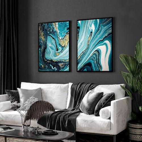 Blaugrün Luxus 2er Set Großer Wandkunstdruck Abstrakte Wandbilder Riesige Wandbehänge Ink Marble Wandkunst Weißer Rahmen 50x76cm von About Wall Art