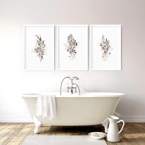 Boho Chic Badezimmer Wandkunst Botanische Wandbilder 3er Set Wandbehänge Spa Dekor WC Wandkunst WC Dekor Weißer Rahmen A2 42x59 cm von About Wall Art