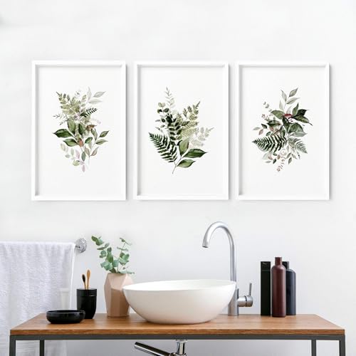 Botanical Badezimmer Wandkunst 3er Set Grün Wandbilder Landhausstil Wandbehänge Spa WC WC Dekor Schwarzer Rahmen A3 11.69 x 16.54in / 29.7 x 42cm von About Wall Art