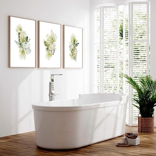 Botanisches Badezimmer Wandkunst, 3er Set Landhausstil Wandbilder Bauernhaus Wandbehänge Spa Toilette WC Dekor Weißer Rahmen A3 11,69 x 16,54 in / 29,7 x 42 cm von About Wall Art