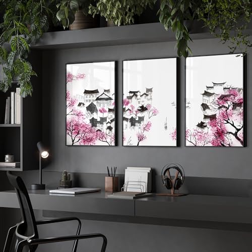 Büro-Wandkunstdrucke, 3er-Set Wandbehänge, rosa Wandkunst, japanische Wandbilder, Poster, Wanddekoration, Heimbüro, Arbeitsplatz, Schreibtisch-Dekor, schwarzer Rahmen, A4, 21 x 30 cm Büro-Wandkunstdrucke, 3er-Set Wandbehänge, rosa Wandkunst, japanische Wandbilder, Poster, Wanddekoration, Heimbüro, Arbeitsplatz, Schreibtisch-Dekor, schwarzer Rahmen, A4, 21 x 30 cm von About Wall Art