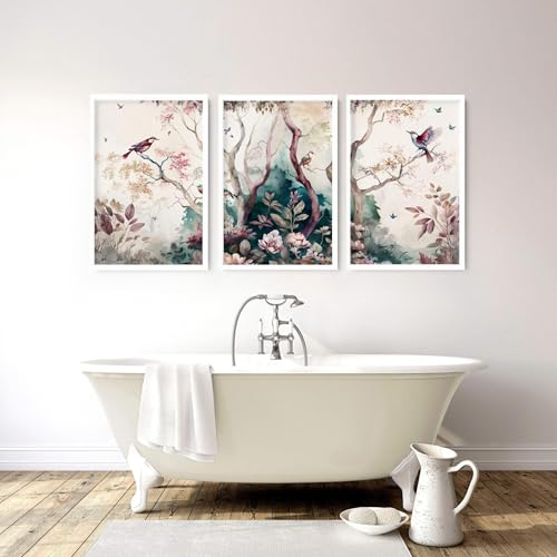 Chinoiserie Badezimmer Wandkunst Asiatische Wandbilder Blumen Wandbehänge 3er Set WC Wandkunst WC Dekor Eichenrahmen A2 42x59cm von About Wall Art