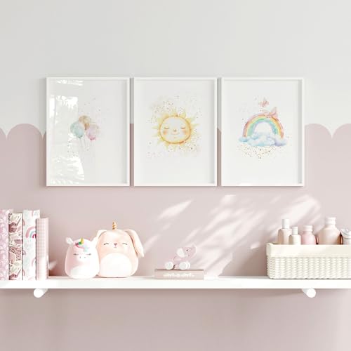 Kinderzimmer Wandkunstdrucke 3er Set Wandbilder gerahmt ungerahmt Mädchen Einhorn Zimmer Dekor Regenbogen Wandbehänge Kinderzimmer ungerahmt A4 21 x 29,7 cm von About Wall Art