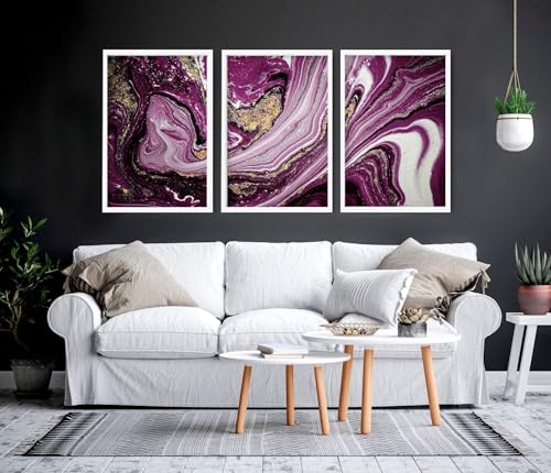 Lila 3er Set Großer Wandkunstdruck Abstrakte Wandbilder Riesige Wandbehänge Tusche Marmor Wandkunst Eichenrahmen A2 42x59cm von About Wall Art