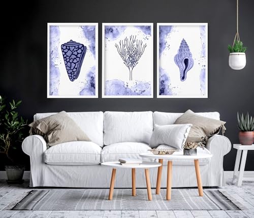 Moderne blaue Muscheln 3er Set große Wandkunstdrucke nautische Strandhaus Dekor Küste Wandbilder für Wohnzimmer Eichenrahmen A3 11.69x16.54in / 29.7x42cm von About Wall Art