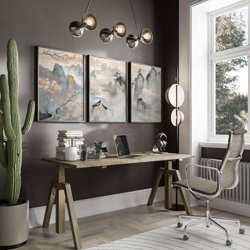 Office Wall Art Prints Set 3 Stück Wandbehang Pastell Chinoiserie Wandbilder Poster Wanddekoration Home Office Arbeitsplatz Schreibtisch Dekor Eichenrahmen 50 x 76 cm von About Wall Art