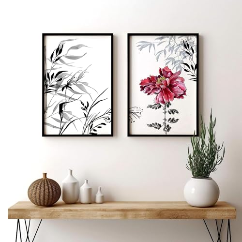 Rote Pfingstrose 2er Set Große Wandkunstdrucke Wandbilder Asiatische Wandbehänge Japanische Wandkunst Schwarzer Rahmen 50x76cm von About Wall Art