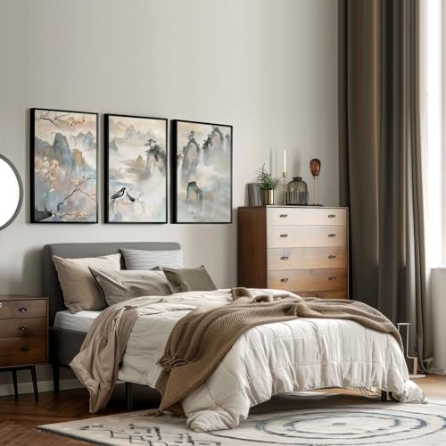 Schlafzimmer Wandkunstdrucke 3er Set Wandbilder Galeriewand Chinoiserie Wandbehänge Poster über dem Bett Heimdekoration Wanddekoration Weißer Rahmen A2 42x59cm von About Wall Art