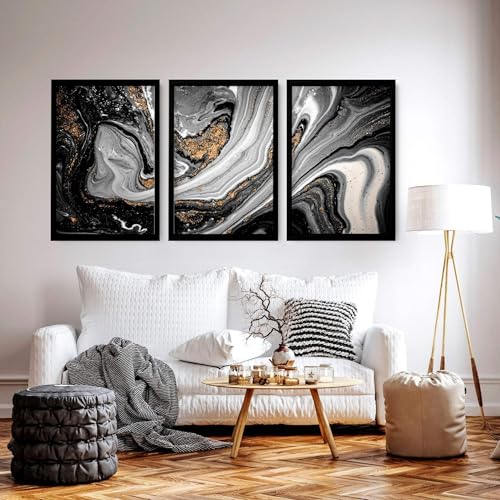 Schwarz und Gold 3er Set Großer Wandkunstdruck Abstrakte Wandbilder Riesiger Wandbehang Ink Marble Wandkunst Leinwand 12 x 16 Zoll von About Wall Art
