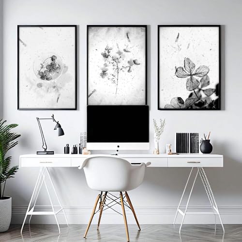 Trockene Blumen 3er Set Großer Wandkunstdruck Wandbilder Riesiger Wandbehang Graustufen Botanische Wandkunst Eichenrahmen A4 8 x 12 Zoll / 21 x 30 cm von About Wall Art
