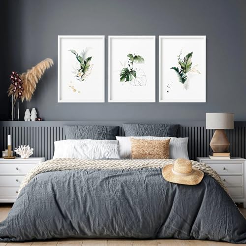 Tropisches Set mit 3 großen Wandkunst für Hauptschlafzimmer, botanische Wandbilder, Wandbehänge über dem Bett, schwarzer Rahmen, A2, 42 x 59 cm Tropisches Set mit 3 großen Wandkunst für Hauptschlafzimmer, botanische Wandbilder, Wandbehänge über dem Bett, schwarzer Rahmen, A2, 42 x 59 cm von About Wall Art