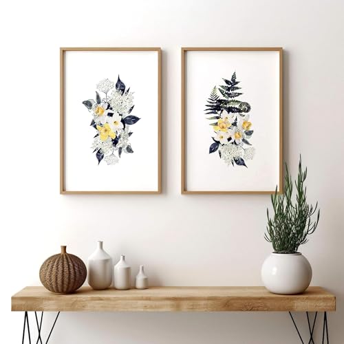 Wandkunstdruckdrucke Botanische Wandbilder 2er Set Floral Chic Wandbehang Wohnzimmer Dekor (A4 21x30cm Rahmen Eiche) von About Wall Art