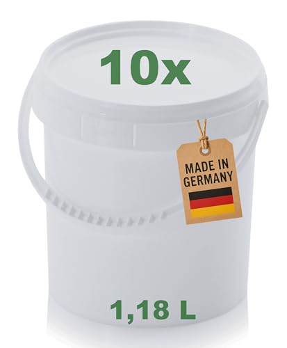 Abrollwerk 10er Set Eimer mit Deckel 1,18 L | lebensmittelecht, luftdicht, stabil, multifunktional | Vorratseimer für Haushalt und Gastronomie | Leere Lager- & Transporteimer mit Griff, weiß von Abrollwerk