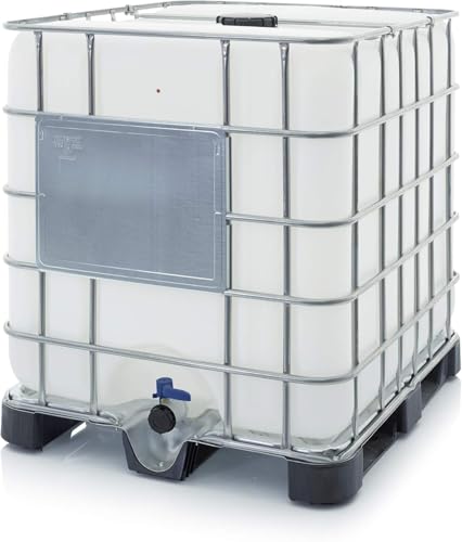 Abrollwerk IBC Container 1000 Liter NEU – Regentonne, Regenfass, Wassertank XXL mit Kunststoffpalette – lebensmittelecht & UV-beständig – wiederverwendbar für Regenwassertank, Garten & Industrie von Abrollwerk