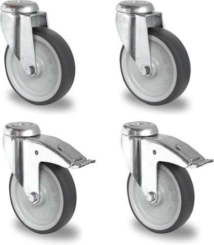 Rollensatz 100 mm – 4er-Set Apparaterollen – 2 Lenkrollen mit Bremse, 2 ohne – Polypropylen spurlos – Gleitlager – 300 kg dyn. Traglast – Rückenloch-Befestigung von Abrollwerk