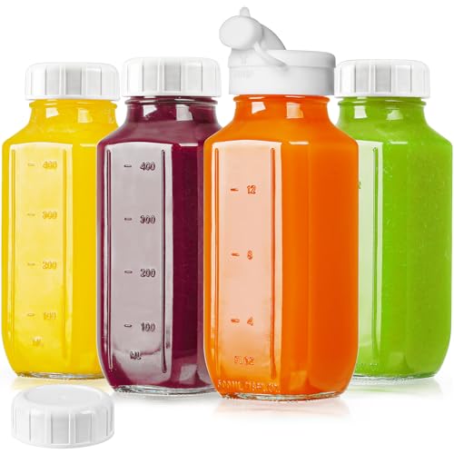 Absovetu 4 Set Glasflaschen zum Befüllen 500ml - Milchflaschen mit Deckel Luftdicht Smoothie Flaschen Milchbehälter Quadratische Saftflaschen mit Kapazitätszeichen von Absovetu