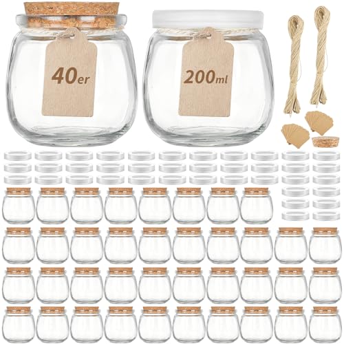 Absovetu 40er Set Kleine Einmachgläser mit Korken 200ml - Etiketten Marmeladengläser Kleine Gläser mit Deckel Honigglas Kerzengläser mit Deckel Overnight Oats Gläser Weihnachten Hochzeit von Absovetu
