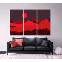 Red Mountain Lines Leinwanddruck Kunst, Berge Und Sonnenlandschaft, Schönes Abstraktes Gebirgiges Gelände Kunst Wohnkultur, Trendige Wandkunst von AbstractWog