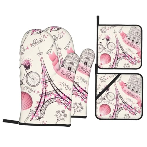 Abucaky Ofenhandschuhe und Topflappen Paris Eiffelturm, 4-teiliges Set, Ofenhandschuhe und Topflappen zum Kochen, Mikrowelle, Grillen, Backen, Grillen von Abucaky