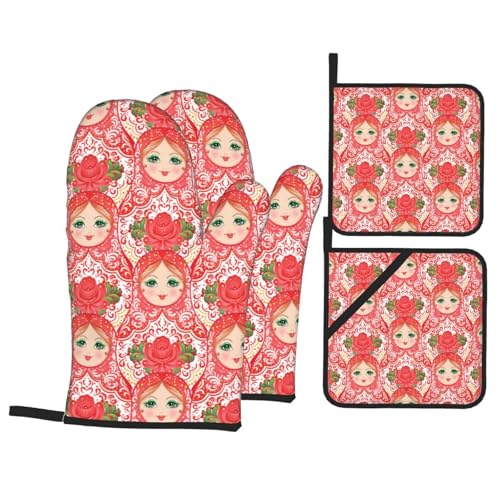Abucaky Traditionelle russische Nesting-Puppe mit Blumen, Ofenhandschuhe und Topflappen, 4-teiliges Set, Ofenhandschuhe und Topflappen zum Kochen, Mikrowelle, Grillen, Backen, Grillen von Abucaky