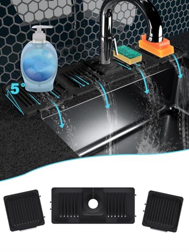 Spritzschutz für Küchenspüle-Wasserhahn Matte für Küchenspüle-Silikon Ablaufmatte mit 2-Seifenspendern-schwarzer Griff Tropffänger Tablettschutz hinter Wasserhahn für Spülzubehör von Abulun