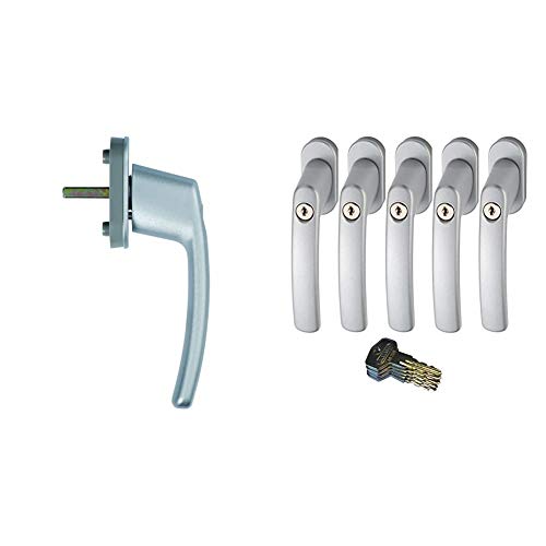 ABUS abschließbarer Fenstergriff | Volks Fenstergriff | Universell passend durch verstellbarem Vierkantstift | kein Sägen notwendig + Abschließbarer Fenstergriff, silber im Set 5 Stück von Abus