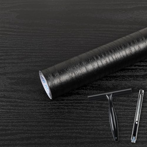 Abyssaly Klebefolie Möbel Holzoptik Inklusive Toolkit, Möbelfolie Schwarz Matt, Selbstklebend Folie Holz für Möbel, Küche Schränke, Tische, Fensterbank 44 x 300cm von Abyssaly