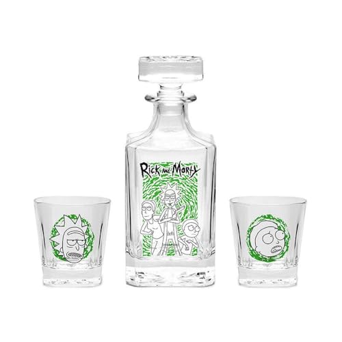 Abysse Corp Rick and Morty - Glas Dekanter Flasche + Gläser 2er Set - Characters - Logo - Geschenkbox von Abysse Corp