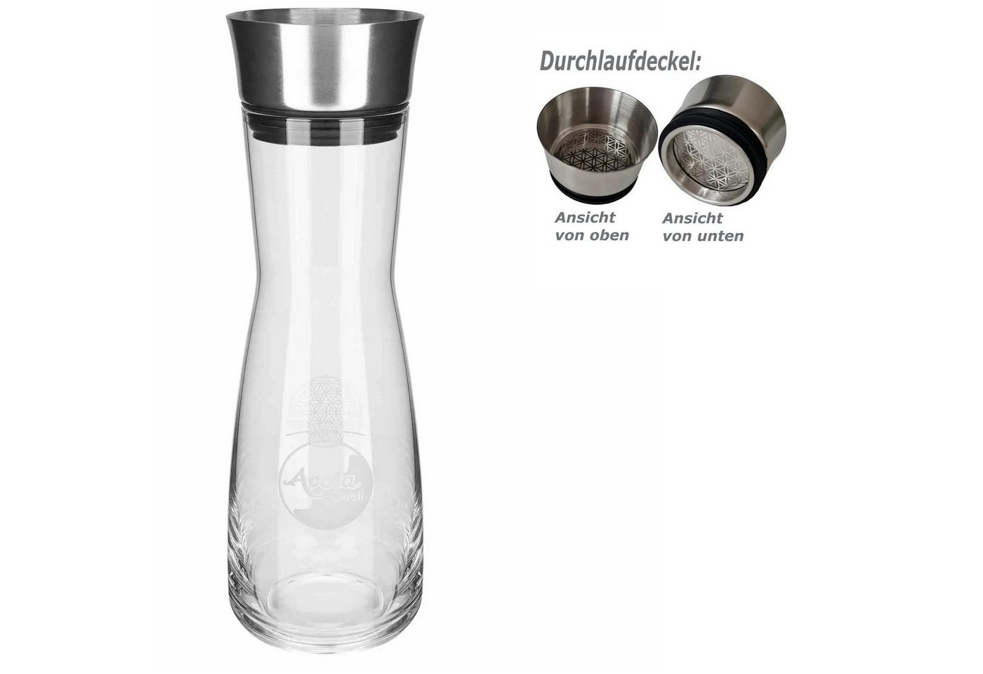 AcalaQuell Wasserkaraffe Aurora aus Glas, 1 Liter mit Gravur Blume des Lebens von AcalaQuell