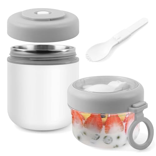 Acasimo Edelstahl Müslibecher to Go, 2-in-1 Joghurtbecher to Go Mit Löffel, 530ml+330ml Tragbarer Auslaufsicherer Müslibecher Geeignet für Gefrierschrank, Spülmaschine, Erwachsene(Weiß) von Acasimo