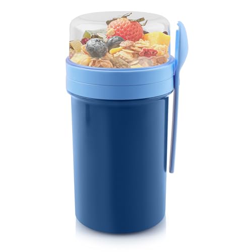 Acasimo Müslibecher to Go, Joghurtbecher to Go Mit Löffel, 550ml+250ml Tragbarer Auslaufsicherer Müslibecher Geeignet für Gefrierschrank, Spülmaschine(Blue) von Acasimo