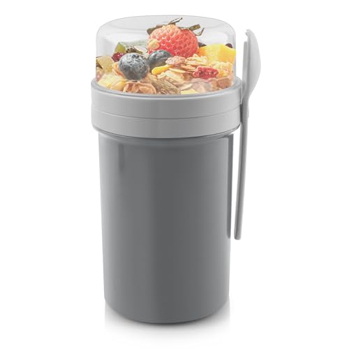 Acasimo Müslibecher to Go, Joghurtbecher to Go Mit Löffel, 550ml+250ml Tragbarer Auslaufsicherer Müslibecher Geeignet für Gefrierschrank, Spülmaschine(Grey) von Acasimo