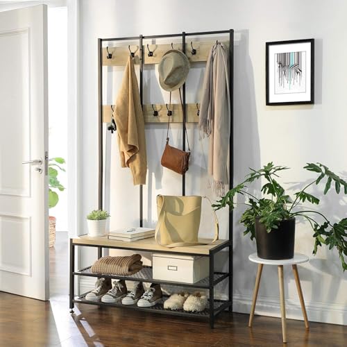 ACAZA 3-in-1 Garderobenständer mit Bank & Schuhregal – Flurmöbel aus Metall und Holz – Kleiderständer mit Sitzbank – 100 x 40 x 186cm - Eiche Hell von ACAZA
